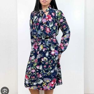 J. Crew Long-Sleeve Tie-Neck Floral Print Dress Blue Pink Size S